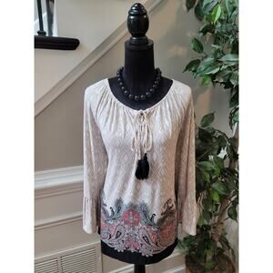 Cato Blouse Womens XL Beige Paisley Geometric Scoop Tie Neck Tassels Bell Sleeve